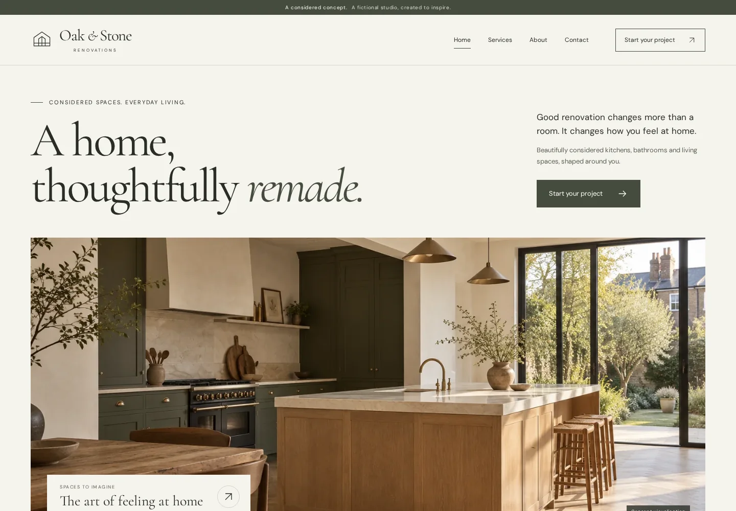 Desktop homepage of the fictional Oak and Stone renovation website