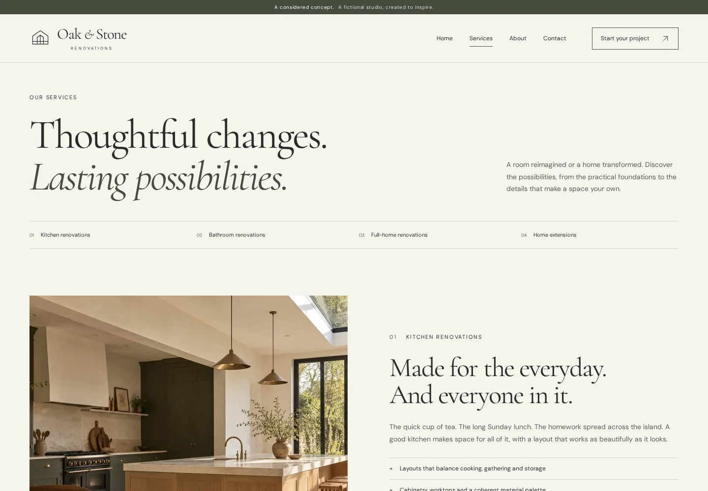 Services page of the same fictional Oak and Stone website